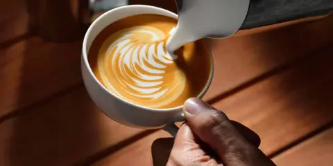 Barista gießt Milch in Kaffee für Latte Art. Der Unterschied zwischen Milchsorten beeinflusst das Ergebnis.