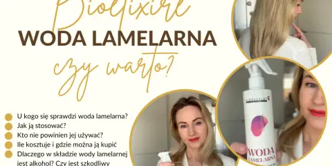 Woda lamelarna Bioélixire: poznaj jej efekty, zastosowanie i skład. Kobieta prezentuje produkt i odpowiada na pytania dotyczące pielęgnacji włosów.