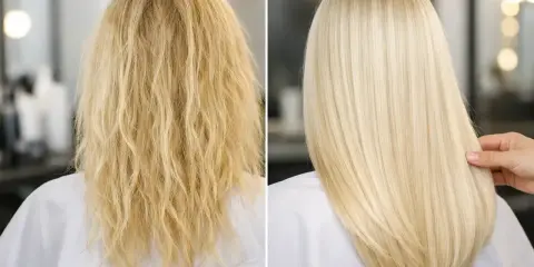 Prima e dopo: capelli decolorati, crespi e spenti trasformati in una chioma liscia, luminosa e sana.