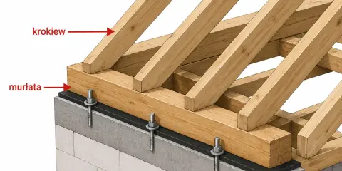 Drewniana konstrukcja dachu z widocznym oczepem dachowym, murlatą i krokwiami, osadzona na betonowym wieńcu.