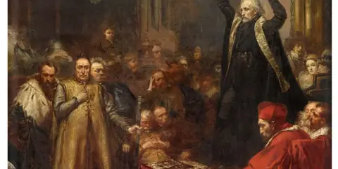 Piotr Skarga wygłasza płomienną mowę do zgromadzonych dostojników.