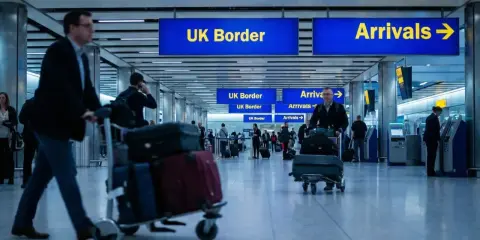 Podróżni z bagażami na lotnisku, kierujący się do UK Border. Zastanawiają się, ile alkoholu do UK mogą przywieźć.
