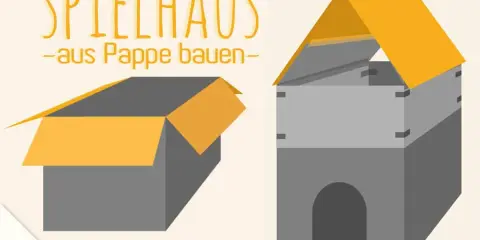 Bastelanleitung: Ein Spielhaus aus Pappe bauen. Vorlage für ein einfaches Papphaus mit offenem Karton und fertigem Spielturm.