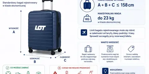 Granatowy **plecak jako bagaż rejestrowany** LOT, limit 23 kg, wymiary A+B+C ≤ 158 cm. Informacje o tym, co można i czego nie wolno przewozić.