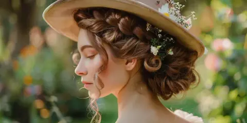 Coiffure avec chapeau de paille ornée de fleurs, une jeune femme aux boucles brunes rêveuses dans un jardin ensoleillé.