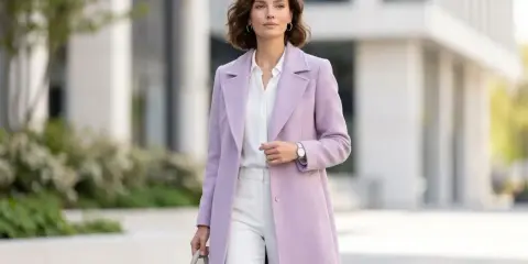 Elegancka kobieta w jasnoróżowym płaszczu, który idealnie oddaje, jak wygląda kolor liliowy. Biała bluzka i spodnie dopełniają stylizację.
