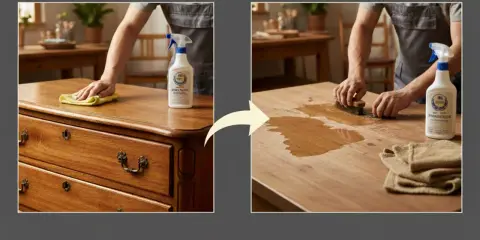 Demostración de como limpiar un armario de madera. Un hombre limpia un mueble de madera con un paño y luego usa un cepillo y producto para restaurar su brillo.