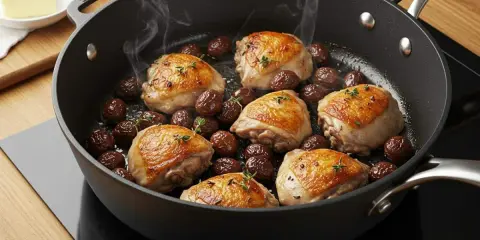 Poulet rôti et marrons en conserve dans une poêle, une idée pour comment cuisiner des marrons en conserve.