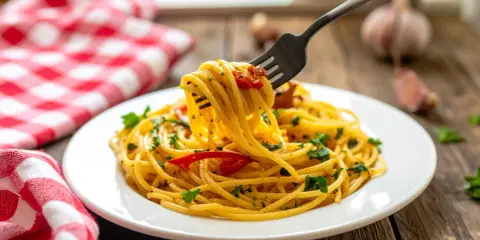 Un piatto di spaghetti alla carrettiera fumanti, conditi con pomodoro, aglio e prezzemolo, pronti per essere gustati.