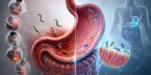 Il batterio Helicobacter pylori causa infiammazione e gonfiore addominale, con sintomi come dolore e nausea.