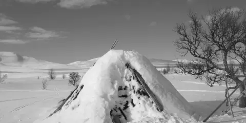 Snötäckt kåta i ett vinterlandskap. Vackra samiska ord som "guovssahas" (norrsken) eller "njárga" (flod) kan beskriva denna tysta, vita värld.