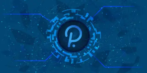 Centralny symbol polkadot crypto otoczony siecią połączeń, symbolizujący zdecentralizowaną przyszłość.