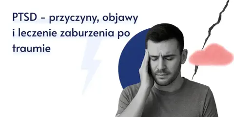 Mężczyzna z ręką na skroni, wyraźnie straumatyzowany, z pęknięciem i chmurką symbolizującymi PTSD.
