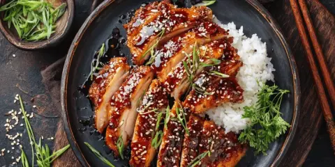Saftiges Hähnchen Teriyaki, glasiert und mit Sesam bestreut, serviert mit Reis und Frühlingszwiebeln.