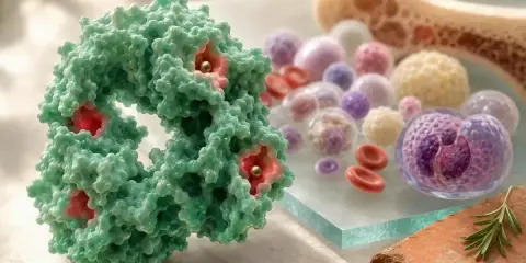 Struttura molecolare verde con centri rossi e dorati, circondata da globuli rossi e cellule, suggerisce saturazione della transferrina bassa.