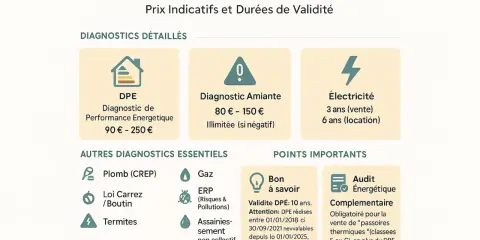 Tableau des diagnostics immobiliers : DPE, amiante, électricité, plomb (CREP), gaz, ERP, termites, assainissement. Prix indicatifs et durées de validité. Audit énergétique.