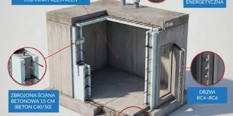 Schemat pokazuje, jak zbudować schron z żelbetową ławą, zbrojonymi ścianami i drzwiami RC4-RC6. W środku może być panic room.