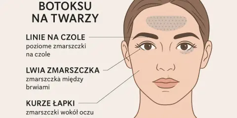 Mapa działania botoksu na twarzy: miejsca wstrzyknięć na czole, między brwiami i wokół oczu.