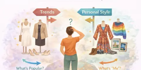 A person ponders how to find your style, choosing between fashion trends and personal style.