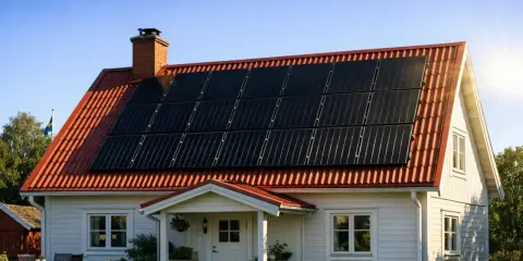 Vitt hus med solpaneler på taket. Ett takfäste med krok håller panelerna stadigt på plats.