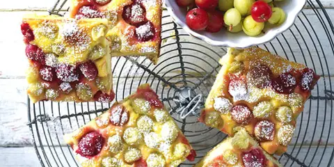 Saftiger Omas Stachelbeerkuchen, bestäubt mit Puderzucker, auf einem Gitter. Daneben eine Schale mit frischen Stachelbeeren.