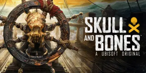 Koło sterowe z czaszką i kośćmi, w tle sztormowe morze i żaglowce. Tytuł gry "Skull and Bones".