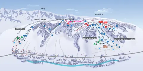 Mapa ośrodka narciarskiego Kotelnica Białczańska z trasami i wyciągami. Widać stoki Kaniówki, Wysokiego Wierchu, Jankulakowskiego Wierchu i Kotelnicy.