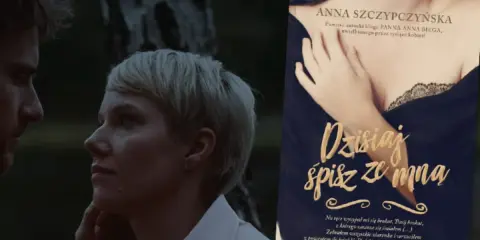 Para patrzy sobie w oczy, obok okładka książki "Dzisiaj śpisz ze mną".