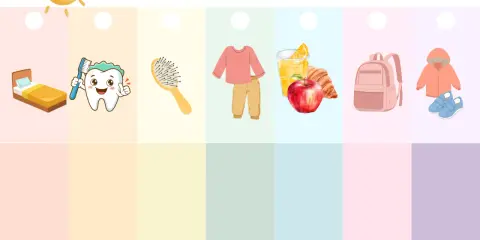 Morgenroutine: Bett, Zähne putzen, Haare kämmen, Kleidung anziehen, Frühstück, Rucksack packen, Jacke und Schuhe. Ein Kind will sich nicht anziehen.