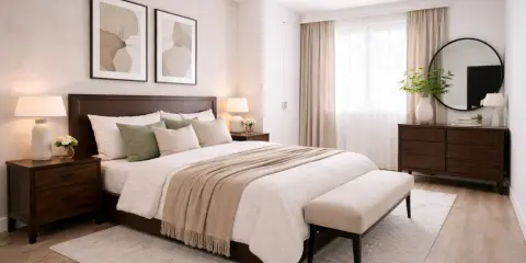 Habitación serena con cama de madera oscura, ropa de cama beige y verde salvia, y cuadros abstractos. Los colores de la habitación crean un ambiente acogedor.