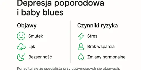 Depresja poporodowa i baby blues: objawy (smutek, lęk, bezsenność) i czynniki ryzyka (stres, brak wsparcia, zmiany hormonalne). Konsultuj się ze specjalistą.