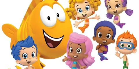 Wesoły bąbelkowy świat gupików: Molly, Gil, Deema, Oona, Goby, Nonny i piesek Bubble Puppy.