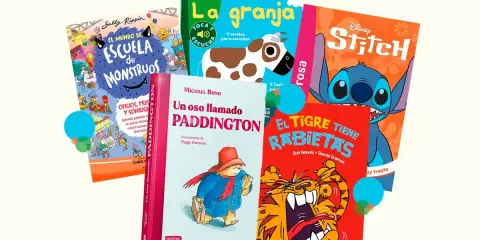 Diversos tipos de libros para niños: "El mundo de la escuela de monstruos", "La granja", "Stitch", "Un oso llamado Paddington" y "El tigre tiene rabietas".