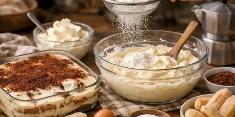 Préparation d'un tiramisu : on tamise de la farine sur un mascarpone trop liquide. Des biscuits à la cuillère, des œufs et du cacao sont disposés autour.
