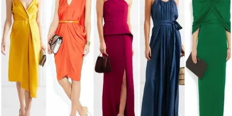 Cinque abiti da donna con un perfetto abbinamento colori: giallo ocra, arancione corallo, fucsia, blu notte e verde smeraldo.