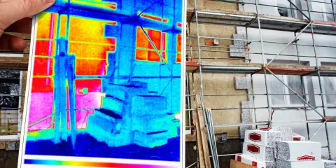 Thermografie untersuchung zeigt Wärmeverlust an einem Gebäude mit Gerüst. Farbige Darstellung von Temperaturunterschieden.