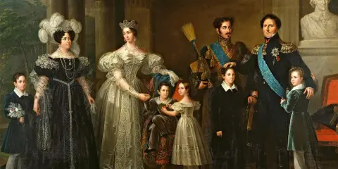 Kungliga familjen samlad, med drottning Desideria i centrum, flankerad av sina barn och make.