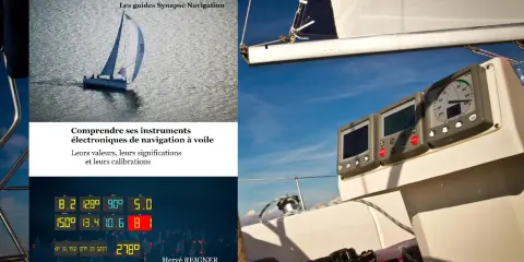 Instruments de navigation sur un voilier, affichant données et cap. L'étrave du bateau fend les flots.