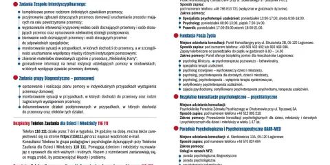 Zadania zespołu interdyscyplinarnego: kompleksowa pomoc rodzinom dotkniętym przemocą, wsparcie w sytuacjach kryzysowych, interwencje, monitorowanie i dokumentowanie przypadków przemocy.