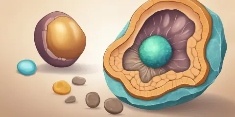 Ilustracja przedstawia przekrój przez komórkę, sugerując przyczyny kamicy nerkowej. Wokół znajdują się małe kamyczki.