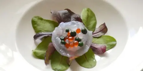 Piatto elegante con meduse commestibili trasparenti, guarnite con sfere arancioni e verdi, su un letto di foglie verdi e rosse.