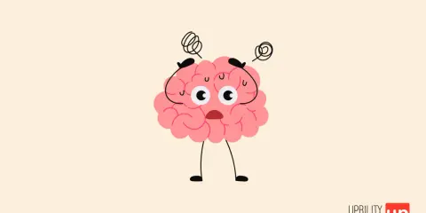 Cerveau rose cartoon, stressé, mains sur la tête, yeux écarquillés. Une illustration qui évoque les défis du HPI et de l'autisme.