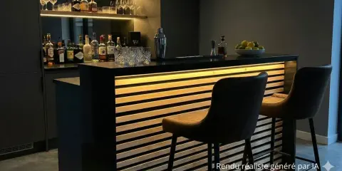 Bar moderne avec éclairage LED intégré dans des tasseaux de bois. Idée déco pour un coin bar chic.