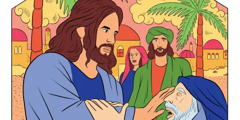Jesus, der wie ein Moslem gekleidet ist, heilt einen Mann. Palmen und orientalische Gebäude im Hintergrund.