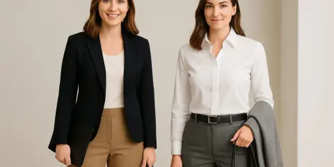 Two women showcase business casual style. One wears a navy blazer with tan pants, the other a white shirt with grey pants.