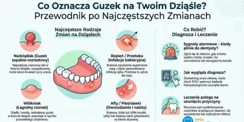 Ilustracja przedstawia ropień, czyli przetokę na dziąśle, jako bolesne zgrubienie z ropą, często spowodowane infekcją zęba.