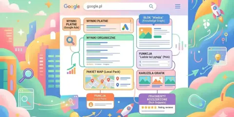 Schemat analizy SERP: wyniki płatne, organiczne, blok wiedzy, PAA, lokalne, grafiki i fragmenty rozszerzone.