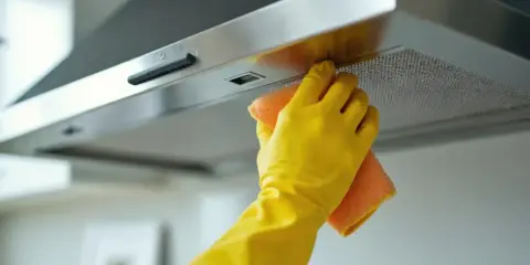 Ręka w żółtej rękawiczce czyści okap ze stali nierdzewnej pomarańczową ściereczką. Dowiedz się, czym wyczyścić okap ze stali nierdzewnej, by lśnił jak nowy.