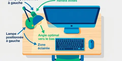 Illustration montrant comment orienter son bureau : lampe à gauche, angle optimal vers le bas pour éviter les reflets et éclairer la zone de travail.