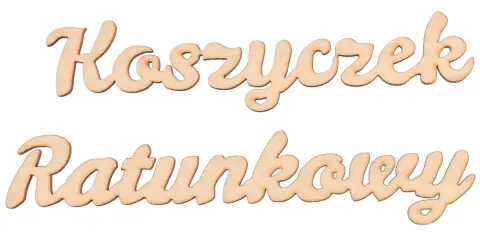 Drewniane napisy "Koszyczek Ratunkowy" w stylu kaligraficznym.